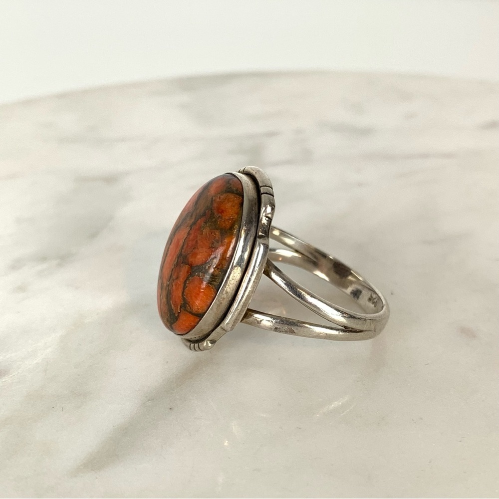 Sterling Silver Ring Oval Red Jasper Split Shank Sz 10.5 Stamped 925 Fiery Vtg - Picture 8 of 13